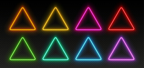 Neon triangle frames, glowing borders set, colorful futuristic UI design elements. Vibrant glowing geometric shapes, modern signs in various colors isolated on dark backdrop. Vector illustration.