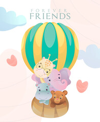 bear, giraffe, elephant and hippo in a air balloon illustration  