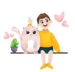 Obraz na płótnie Canvas Cat with a boy illustration for friendship illustration