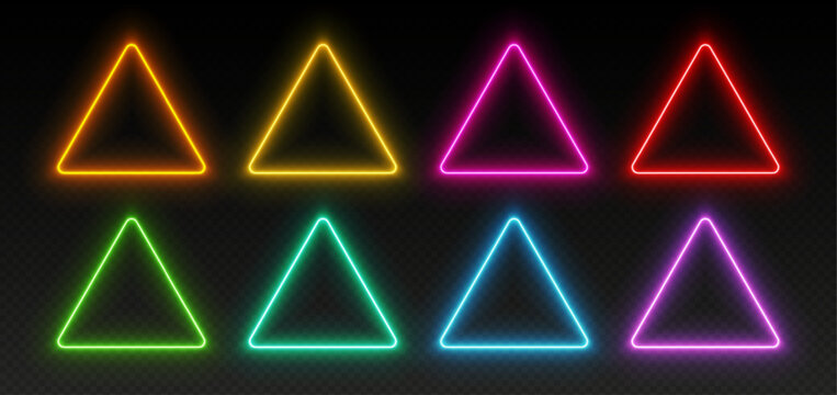 Neon triangle frames, glowing borders set, colorful futuristic UI design elements. Vibrant glowing geometric shapes, modern signs in various colors isolated on dark backdrop. Vector illustration.
