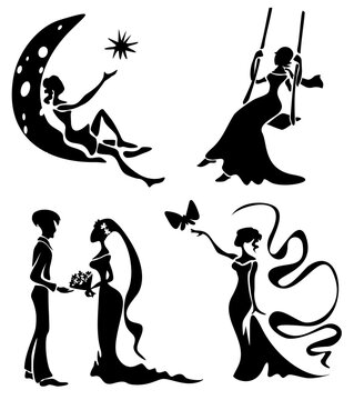 Stylized romantic silhouettes set isolated on a white background.