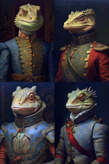 Simulation of a classic oil painting of a lizard in military clothing renaissance style