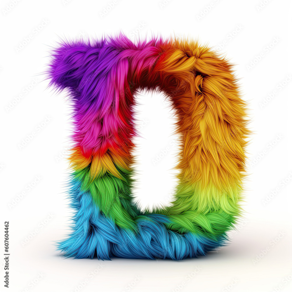 Wall mural Furry letter in rainbow pride colors made of fur and feathers. Capital D