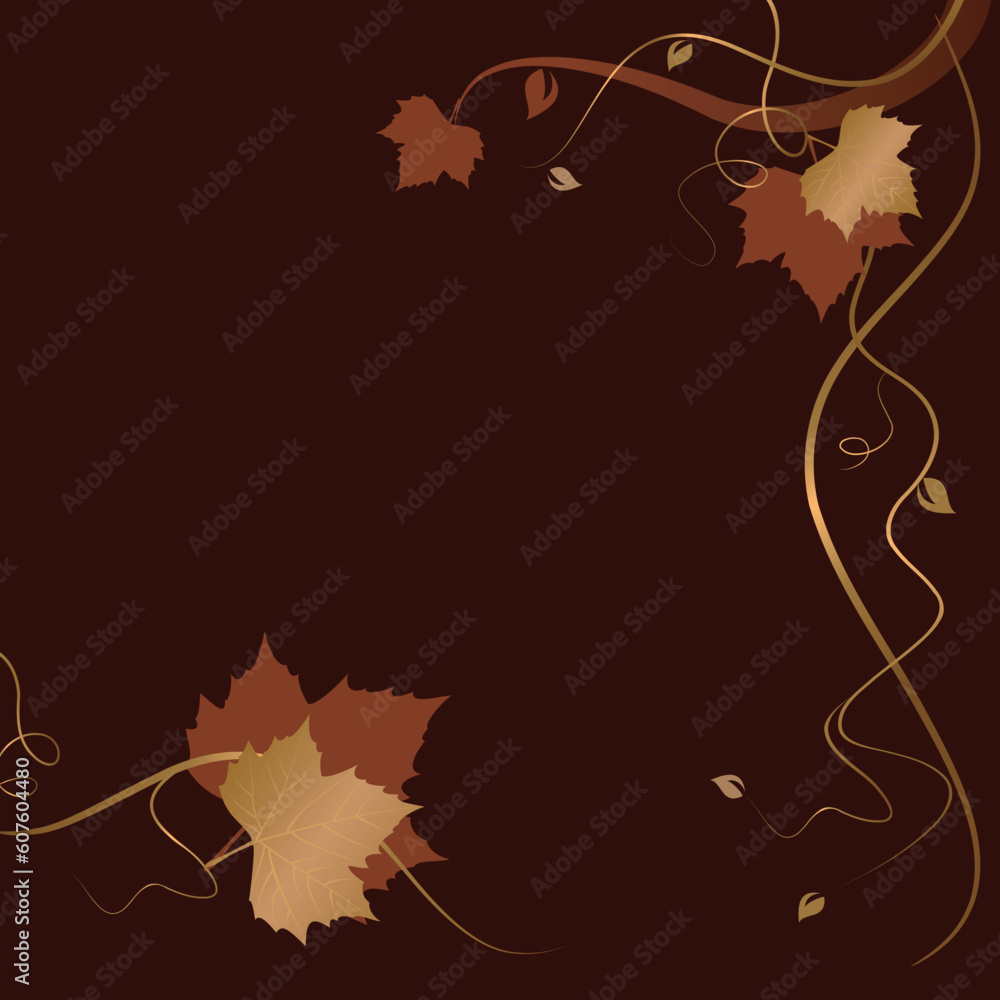 Poster square dark abstract background with red golden autumn leaves and swirls at the bottom and the right