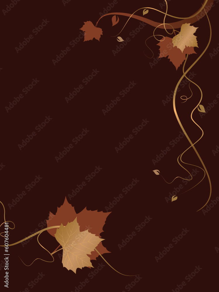 Poster vertical dark abstract background with red golden autumn leaves and swirls at the bottom and the rig