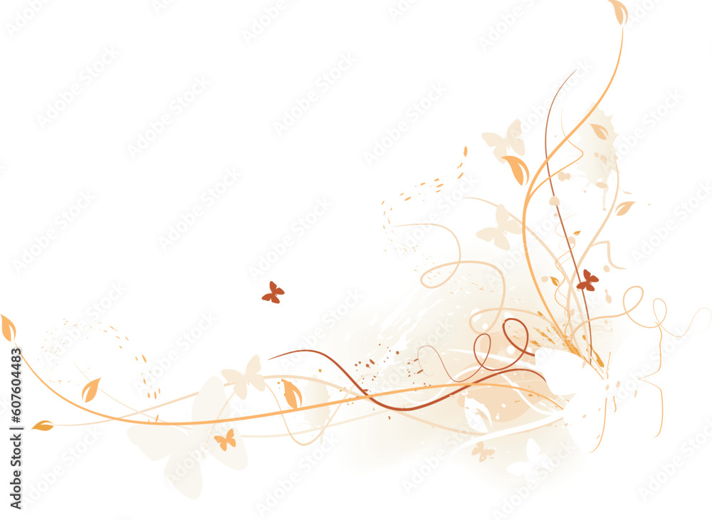 Poster abstract grunge background with floral elements and butterflies and space for your text in warm reds