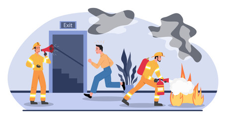 Fire alarm concept. Men in firefighter uniforms extinguish fire in building. Emergency and disaster in office. Fire emergency evacuation. Life threatening situation. Cartoon flat vector illustration
