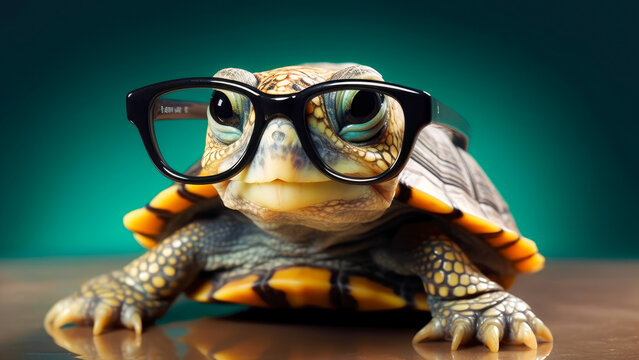 Cute turtle wearing glasses. animal on summer vacation, animal illustration. Ai generative