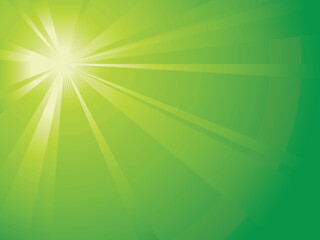 Asymmetric green light burst with the centre in the upper left third. All rays controlled by on linear gradient. Radial gradient for background, outer ring. Artwork grouped and layered. Global colors.