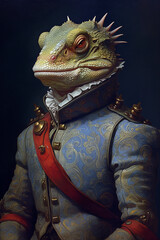 Simulation of a classic oil painting of a lizard in military clothing