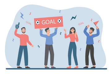 Football fans concept. Men and women celebrate goal. Active lifestyle and sports, team support. Group of characters cheering and screaming during match. Cartoon flat vector illustration