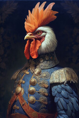 Simulation of a classic oil painting of a rooster in military clothing in renaissance style