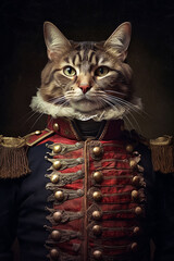 Simulation of a classic oil painting of a cat in military clothing in the classical renaissance style