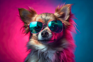 Cute dog wearing glasses. animal on summer vacation, animal illustration. Ai generative
