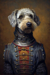Simulation of a classic oil painting of a dog in military clothing renaissance style - obrazy, fototapety, plakaty