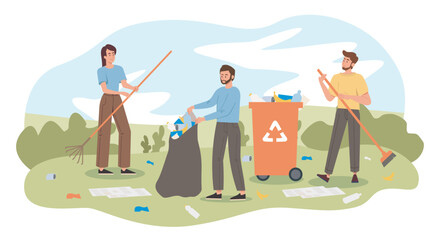 People collecting litter. Men and women with rake and bag collect trash and clean up park or nature. Recycling and reuse. Care for nature and environment, zero waste. Cartoon flat vector illustration