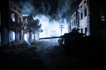 War Concept. Military silhouettes fighting scene on war fog sky background, World War Soldiers...