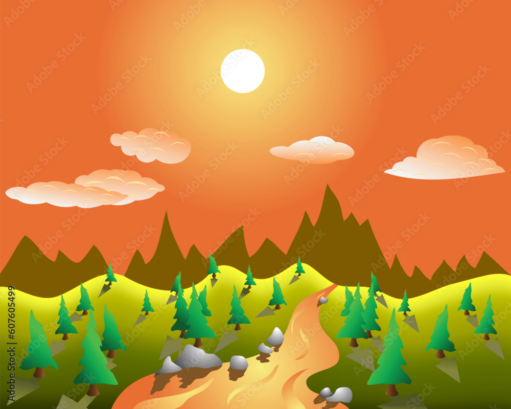 Poster vector color summer landscape background with trees and river