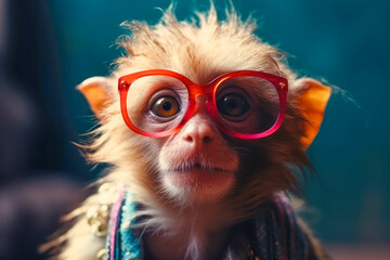 Cute monkey wearing glasses. animal on summer vacation, animal illustration. Ai generative
