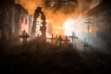 Nuclear war apocalypse concept. Explosion of nuclear bomb in city. City destroyed by atomic war....
