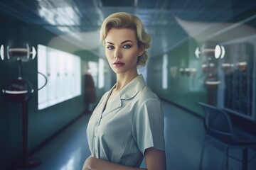 Portrait confident young female doctor medical professional standing on hospital clinic hallway windows background.