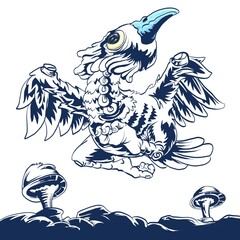 Bird flying over mushroom land, digital hand draw illustration, isolated on white
