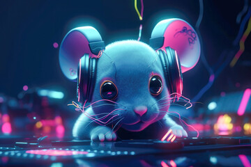 Mouse in headphones leastening music. Generative AI