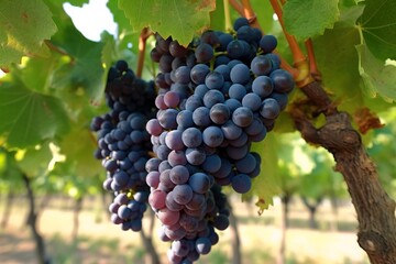 Fototapeta premium Lush ripe dark red wine grapes on the vine ready for harvest