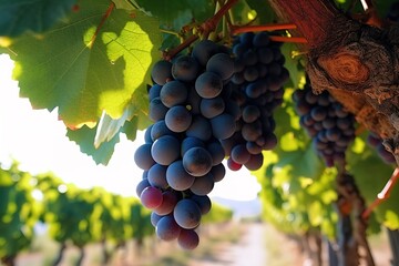 Fototapeta premium Lush ripe dark red wine grapes on the vine ready for harvest