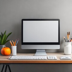 mockup of a computer monitor and mouse on table created with Generative AI technology