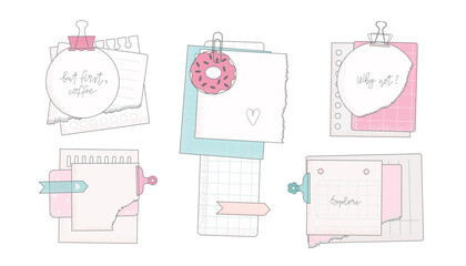 Stickers, note papers, planner doodles vector illustrations collection. Linear set for diary, notepad