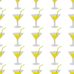 Color seamless pattern of various summer elements. Soft drink, a yellow fruit cocktail with a straw. Fashion design, packaging, background. Vector flat illustration.