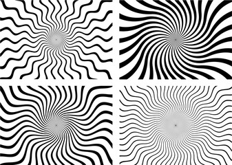 Set of four black and white hypnotic spiral wave rays backgrounds. Psychedelic sunburst retro designs