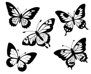 Set of five black and white vector butterflies for your design or tattoo.