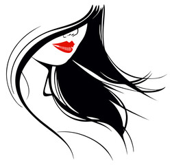 Beautiful face of young woman with accent on red lips. Vector Illustration for your design.