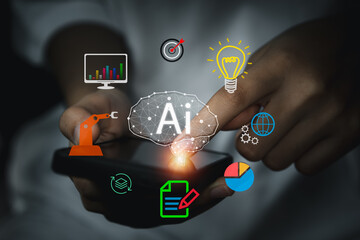 Businessman use artificial intelligence to control and manage work. Predictive analytics, analyze customer data, Innovative of technology and futuristic. Invest in artificial intelligence.