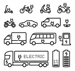 electric vehicles vector icons set bike, scooter, car, motorbikes, bus, truck, van, charge station, plug, eco power, transport, isolated
