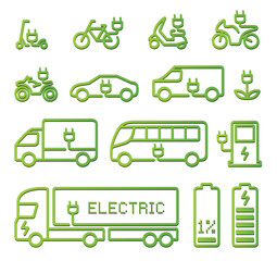 Fototapeta na wymiar electric vehicles vector icons set: bike, scooter, car, motorbikes, bus, truck, van, charge station, plug, eco power, transport, green energy