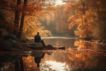 An inspiring image of a person sitting in quiet reflection, expressing gratitude for the blessings in their life. The scene set in a peaceful natural setting. Generative Ai