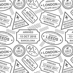 Graphic Pattern With Stamps Of Different Airports. Concept For Travel Package. Vector Illustration
