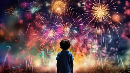 child from the back, watching colorful New Years fireworks. Silhouette. 
