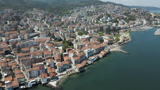 Aerial view of Mudanya, a small town along the Marmara Sea coastline, Bursa, Turkey.