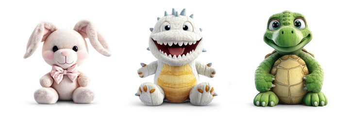 Obraz premium cutout set of 3 stuffed animal toys isolated on transparent png background - Generative AI