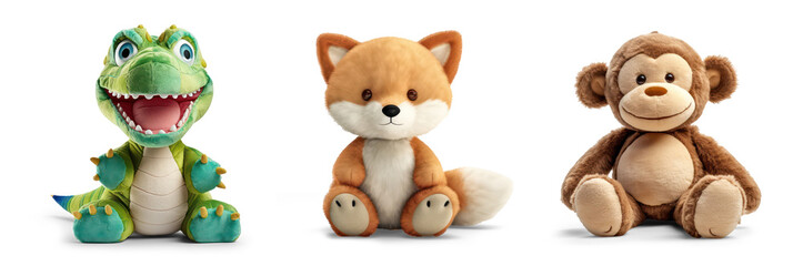 cutout set of 3 stuffed animal toys isolated on transparent png background - Generative AI