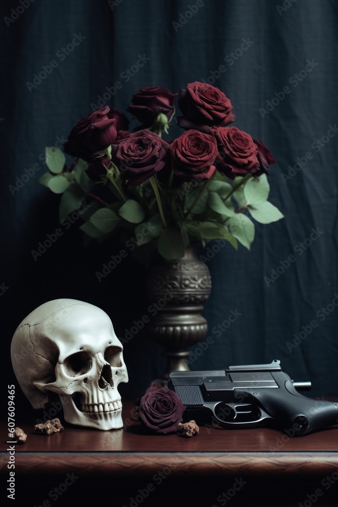 Poster a skull and a gun on a table. generative ai image.