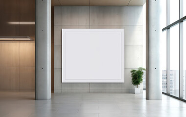 Minimal Nordic style livingroom space with modern concrete wall interior and big empty blank mockup frame on the wall - Generative AI