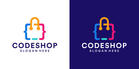 Colorful Coding logo design with shopping bag design template. Modern code logo for programmer graphic design vector illustration. Symbol, icon, creative.