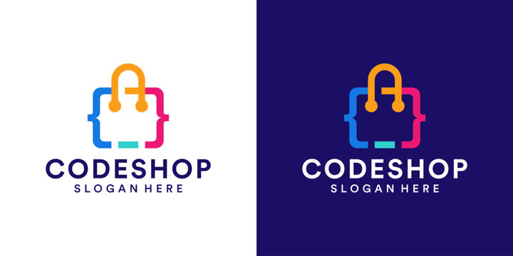 Colorful Coding logo design with shopping bag design template. Modern code logo for programmer graphic design vector illustration. Symbol, icon, creative.