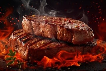 Steak cooked on the grill. By Generative AI