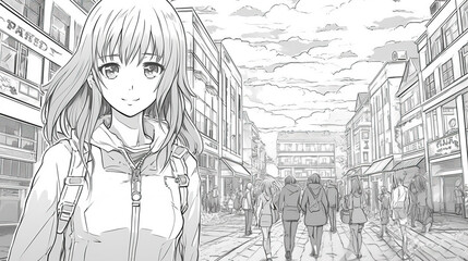 Anime teenage line art. Coloring page
